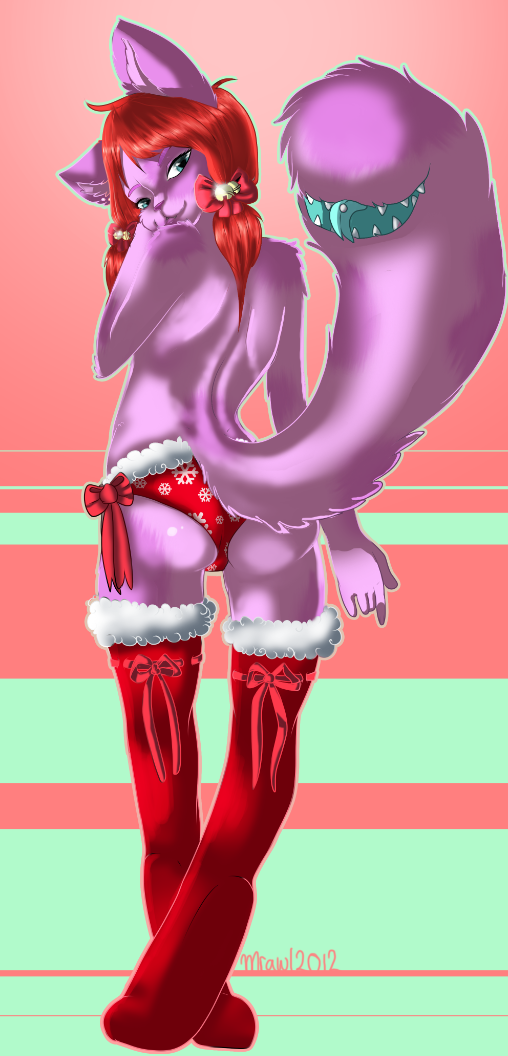 abstract_background anthro boots bow christmas clothed clothing feline holidays looking_at_viewer looking_back mammal mrawl skimpy snowflake topless