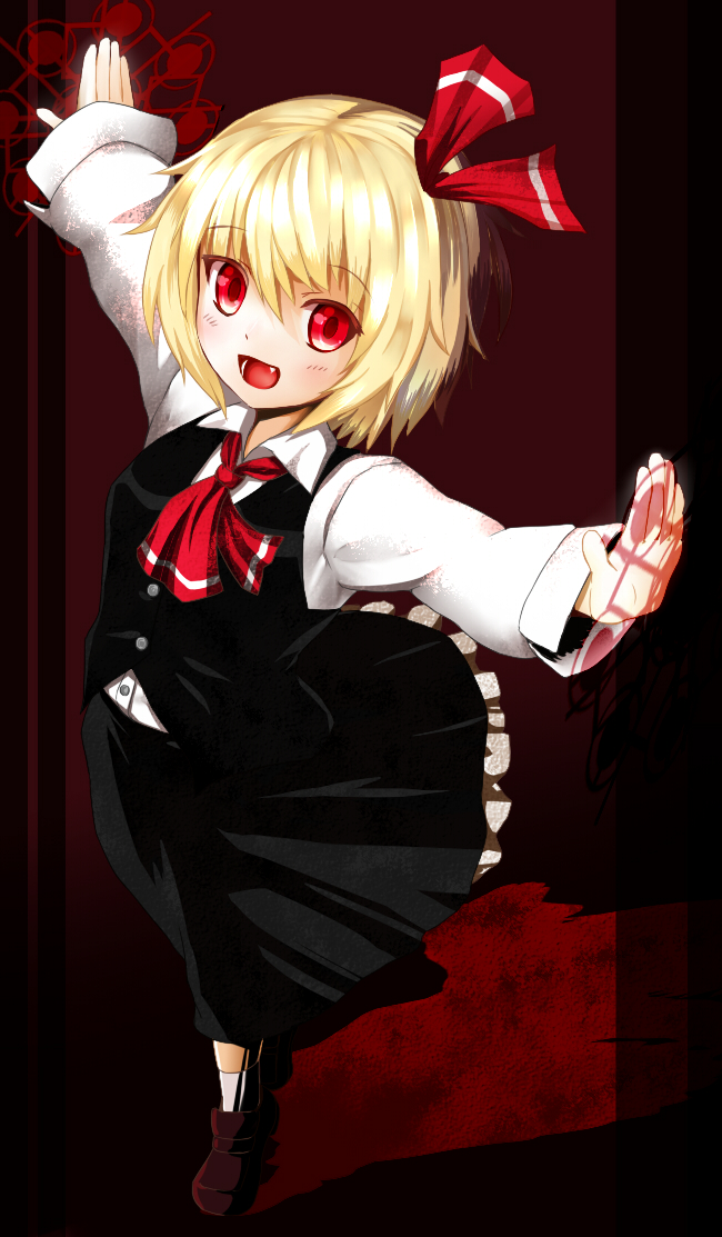 :d ascot blonde_hair fang frilled_skirt frills hair_ribbon open_mouth outstretched_arms red_eyes ribbon rumia shiron_(e1na1e2lu2ne3ru3) short_hair skirt smile spread_arms touhou vest