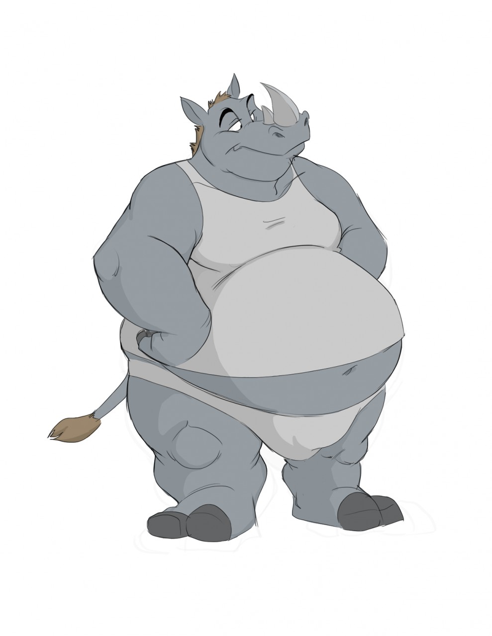 anthro barefoot belly belly_overhang big_belly brown_hair bulge canson clothed clothing hair hands_on_hips horn male mammal midriff moobs musclegut muscular muscular_male navel obese obese_male overweight overweight_male rhinoceros simple_background solo standing tail_tuft tuft white_background