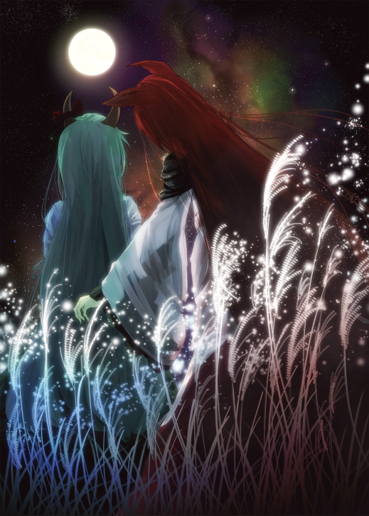 animal_ears brown_hair denroku_(nokishita_no_katatsumuri) dress ex-keine from_behind full_moon green_hair horns imaizumi_kagerou kamishirasawa_keine moon multiple_girls nebula night touhou wide_sleeves wolf_ears