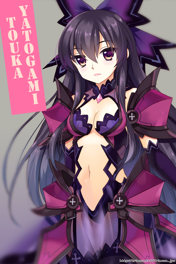 armor black_hair breasts character_name date_a_live long_hair looking_at_viewer md5_mismatch medium_breasts navel purple_eyes solo thighhighs trianon yatogami_tooka yatogami_tooka_(true_form)