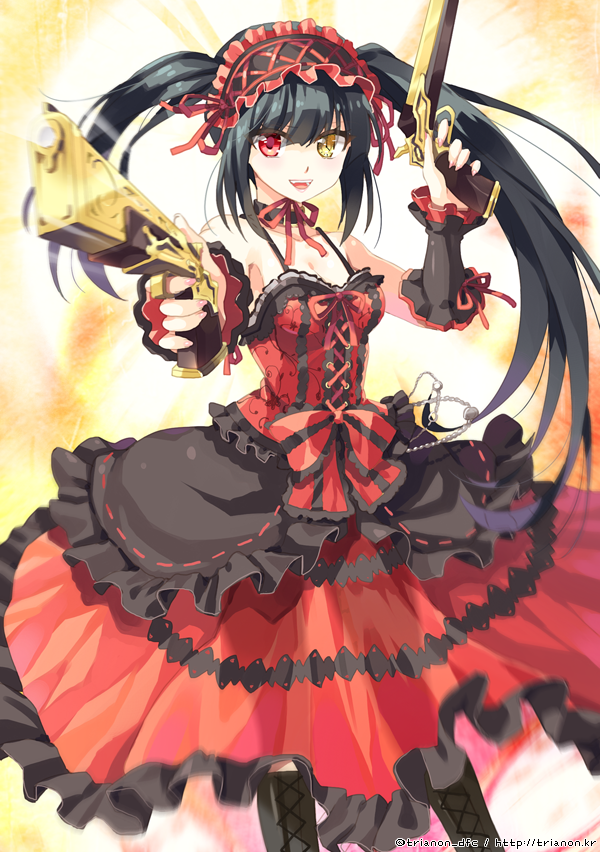 bare_shoulders black_hair boots breasts cleavage clock_eyes date_a_live dress dual_wielding gun hairband heterochromia holding lolita_fashion lolita_hairband long_hair looking_at_viewer medium_breasts red_eyes rifle smile solo symbol-shaped_pupils tokisaki_kurumi trianon twintails weapon yellow_eyes