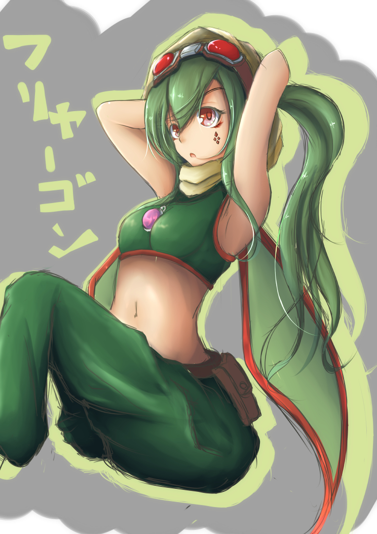 belt between_breasts breasts character_name crop_top flygon gem gen_3_pokemon goggles goggles_on_head green_hair green_wings hood jewelry midriff navel necklace open_mouth pants pendant personification pokemon ponytail red_eyes solo taketiyi tattoo wings