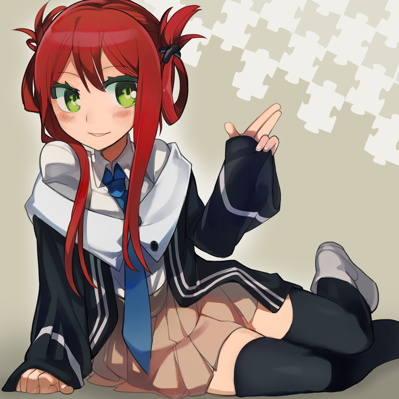 bad_id bad_pixiv_id black_legwear blue_neckwear blush boots green_eyes hair_rings ika long_hair long_sleeves necktie off_shoulder open_mouth original pleated_skirt puzzle_piece red_hair sidelocks sitting skirt smile solo thighhighs