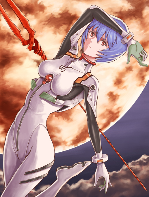 1girl arm_up ayanami_rei blue_hair bodysuit breasts breasts_apart cloud hair_between_eyes lance_of_longinus leg_up looking_at_viewer medium_breasts moon neon_genesis_evangelion orange_eyes plugsuit popo_agaga short_hair solo white_bodysuit