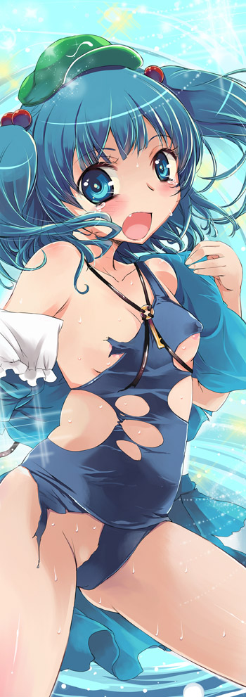 backpack bag blue_eyes blue_hair blush breasts covered_nipples fang groin hair_bobbles hair_ornament hat kawashiro_nitori looking_at_viewer medium_breasts off_shoulder open_mouth school_swimsuit sideboob solo sweat swimsuit tears torn_clothes torn_swimsuit touhou two_side_up underboob yuu_(kfc)