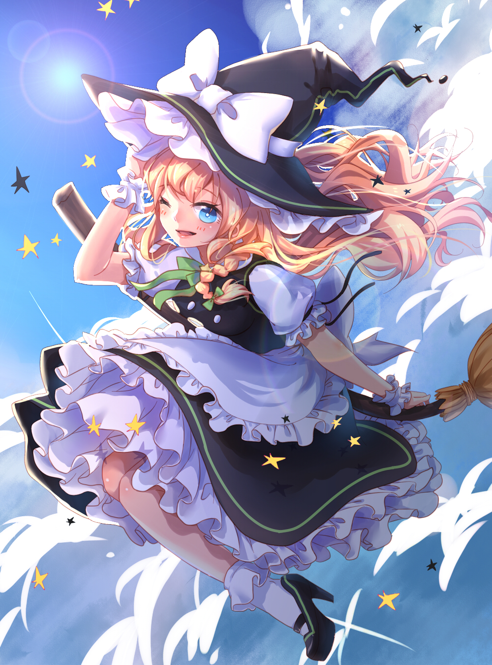 bad_id bad_pixiv_id blonde_hair blue_eyes blush braid broom cloud day hat high_heels highres kirisame_marisa long_hair mame_(yangqi787) sky smile solo touhou witch_hat wrist_cuffs