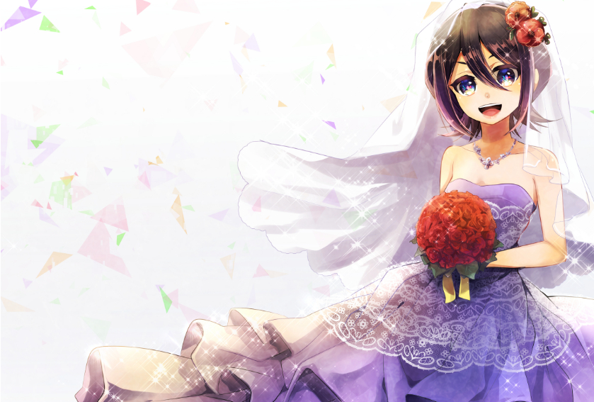 1girl :d bleach blue_eyes bouquet brown_hair collarbone dress flower hair_between_eyes holding holding_bouquet jewelry kuchiki_rukia layered_dress long_dress looking_at_viewer necklace open_mouth purple_dress red_flower red_rose rose short_hair sleeveless sleeveless_dress smile solo standing striped striped_dress umi_(pixiv6861961)