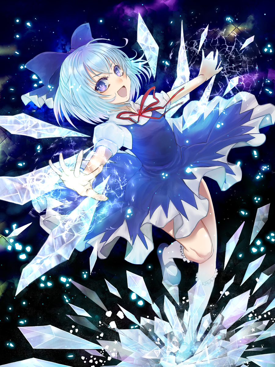 :d bad_id bad_pixiv_id blue_eyes blue_hair bow cirno dress hair_bow highres ice ice_wings jubi kneehighs mary_janes open_mouth ribbon shoes short_hair smile solo touhou wings