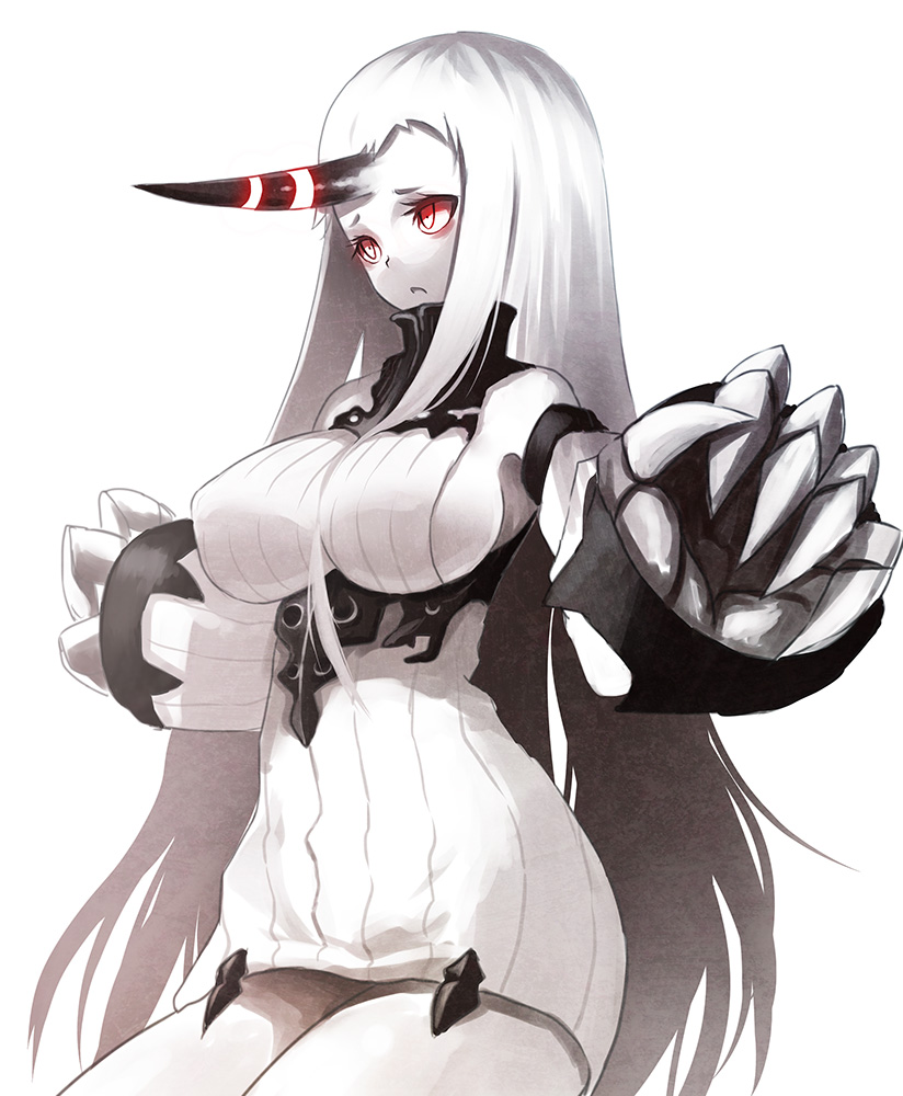 aksman bad_id bad_pixiv_id breasts claws detached_sleeves dress horn kantai_collection large_breasts long_hair pale_skin red_eyes ribbed_dress seaport_hime shinkaisei-kan short_dress sideboob simple_background solo white_background white_hair