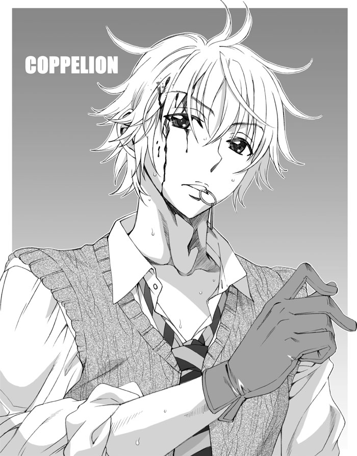 bad_id bad_pixiv_id blood blood_on_face coppelion copyright_name gloves grenade_pin greyscale hanzaki_jirou kurosawa_haruto male_focus monochrome necktie sleeves_rolled_up striped striped_neckwear sweater_vest