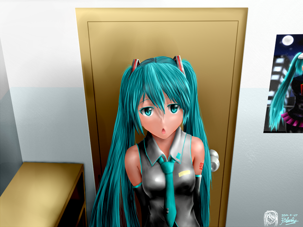 aqua_eyes aqua_hair arms_behind_back blake breasts colored_eyelashes dated detached_sleeves door doorknob hair_ornament hatsune_miku long_hair looking_at_viewer medium_breasts necktie open_mouth poster_(object) shelf signature skirt solo twintails very_long_hair vocaloid