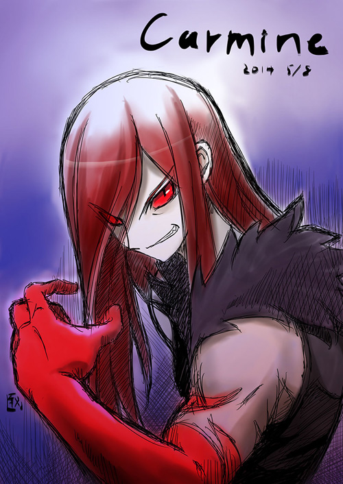 carmine dated elbow_gloves evil_grin evil_smile fur_collar gloves grin hair_over_one_eye long_hair male_focus official_art red_gloves red_hair smile solo under_night_in-birth