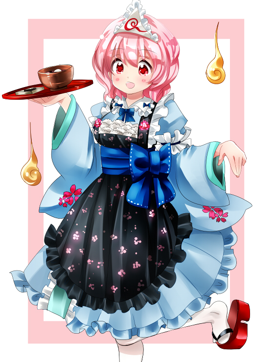 :d adapted_costume alternate_costume apron arm_garter blue_dress blush_stickers bowl breasts cup dress enmaided frilled_apron frills geta ghost holding leg_up long_sleeves looking_at_viewer maid medium_breasts nagare okobo open_mouth pink_hair red_eyes saigyouji_yuyuko sash short_hair simple_background smile solo standing standing_on_one_leg tabi touhou tray triangular_headpiece white_legwear