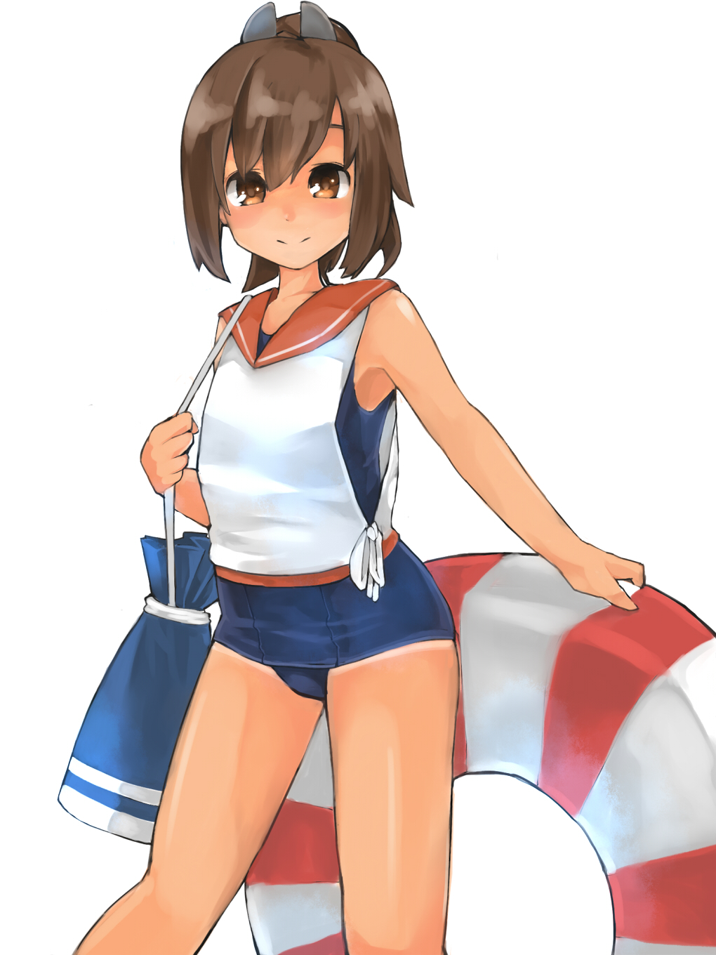 bag bare_shoulders blush brown_eyes brown_hair highres i-401_(kantai_collection) innertube kanabun kantai_collection looking_at_viewer one-piece_swimsuit ponytail sailor_collar school_swimsuit school_uniform short_hair short_ponytail smile solo swimsuit swimsuit_under_clothes tan