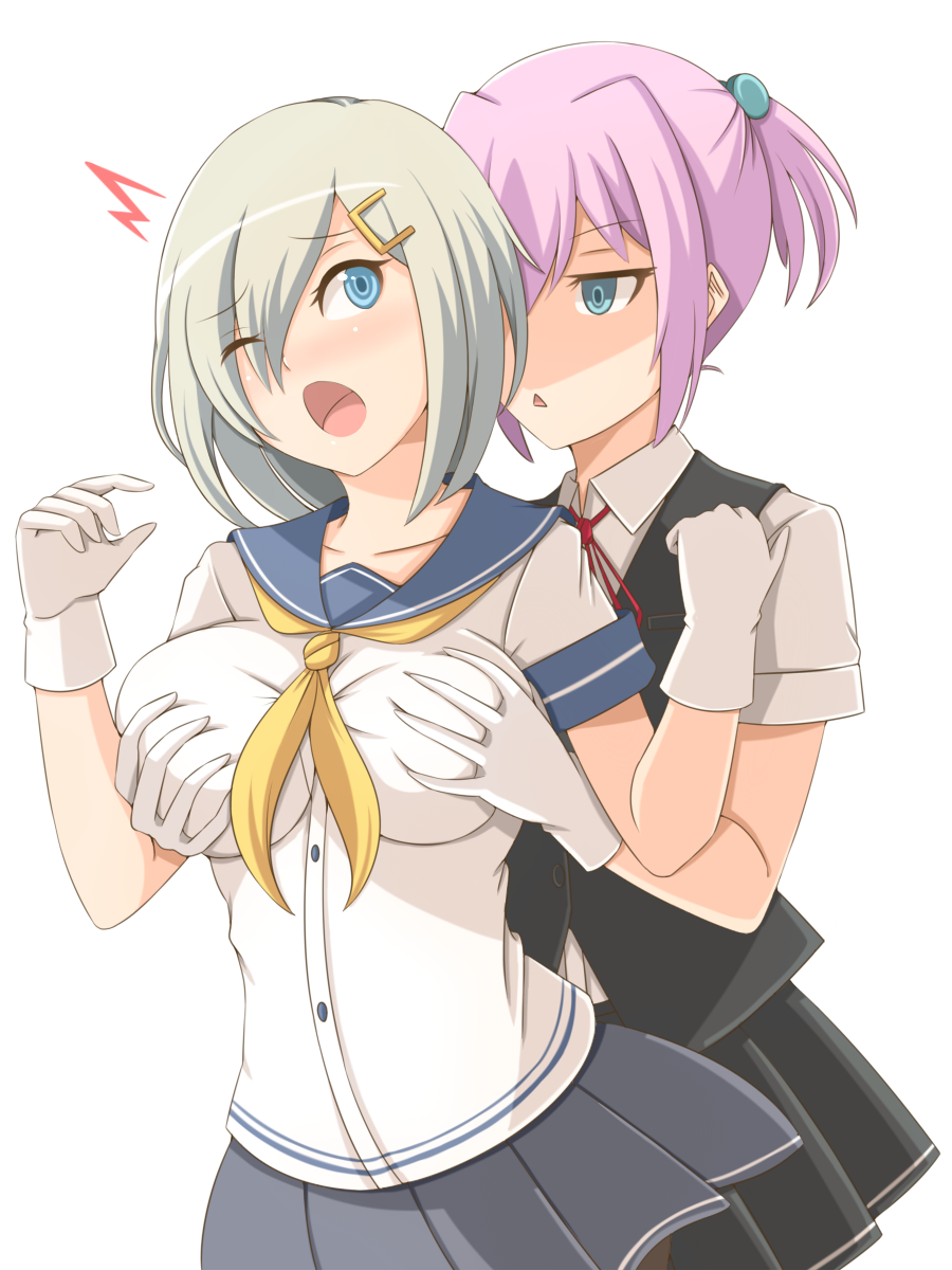 aqua_eyes blue_eyes breast_envy breast_grab breast_hold breast_squeeze breasts commentary gloves grabbing grabbing_from_behind hair_ornament hairclip hamakaze_(kantai_collection) highres kantai_collection large_breasts multiple_girls neck_ribbon neckerchief noda_eishi open_mouth pantyhose pink_hair pleated_skirt ponytail red_ribbon ribbon school_uniform serafuku shaded_face shiranui_(kantai_collection) short_hair silver_hair simple_background skirt triangle_mouth vest white_background white_gloves yellow_neckwear