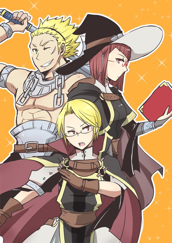 2boys axe blonde_hair book bridal_gauntlets cape family fire_emblem fire_emblem:_kakusei glasses gloves green_eyes grin hat laurent miriel_(fire_emblem) multiple_boys no_hat no_headwear one_eye_closed open_mouth red_eyes red_hair scar shirtless shougayaki_(kabayaki_3) smile sparkle weapon witch_hat wyck