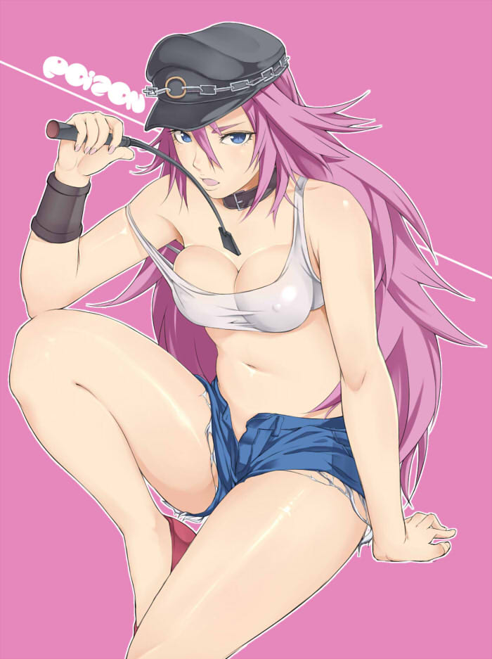big_hair blue_eyes blue_shorts breasts cleavage collar covered_nipples cutoffs denim denim_shorts final_fight hat large_breasts long_hair off_shoulder open_fly peaked_cap pink_hair poison_(final_fight) riding_crop short_shorts shorts sitting solo tank_top un_(1996rip) unzipped wristband
