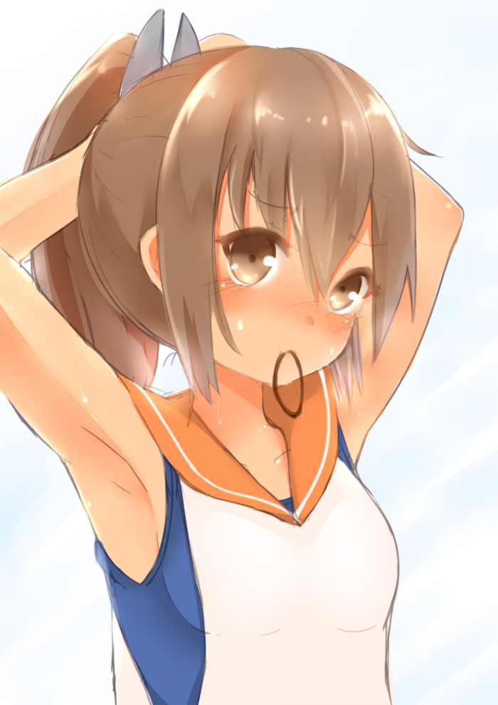 armpits bare_shoulders blush brown_eyes brown_hair hairdressing i-401_(kantai_collection) kantai_collection looking_at_viewer mouth_hold one-piece_swimsuit ponytail rubber_band sailor_collar school_swimsuit school_uniform short_hair short_ponytail solo swimsuit swimsuit_under_clothes tan yu1