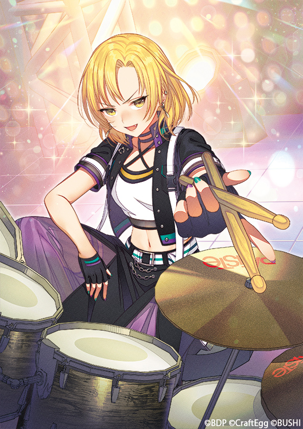 1girl bang_dream! bangs belt black_gloves black_jacket black_skirt blonde_hair collarbone commentary_request crop_top cropped_jacket drum drum_set drumsticks earrings fingerless_gloves gloves holding holding_drumsticks instrument jacket jewelry long_skirt looking_at_viewer medium_hair midriff multicolored_nails n_kamui navel official_art open_clothes open_jacket open_mouth parted_bangs partial_commentary satou_masuki shirt sidelocks sitting skirt solo white_belt white_shirt yellow_eyes