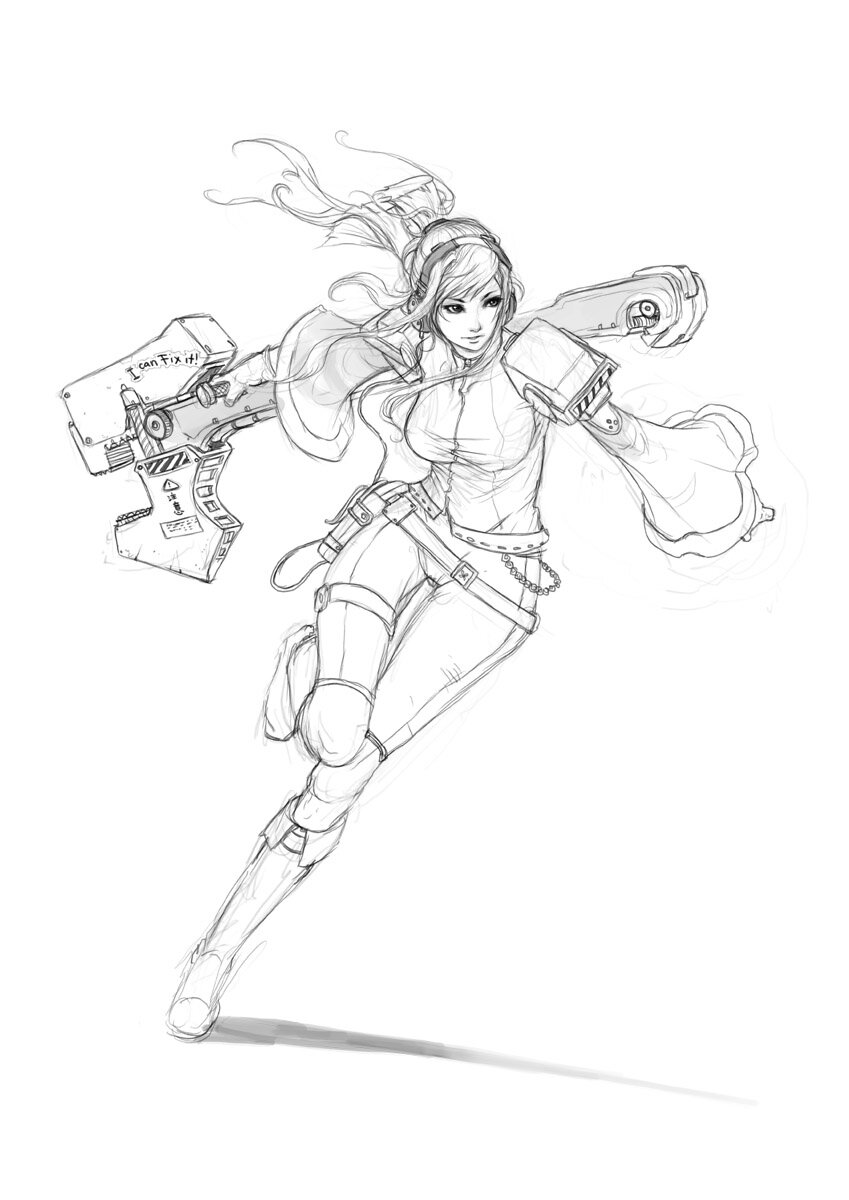 breasts greyscale highres huge_weapon large_breasts long_hair monochrome muju ponytail robin_(the_iconoclasts) running sketch solo the_iconoclasts weapon wrench