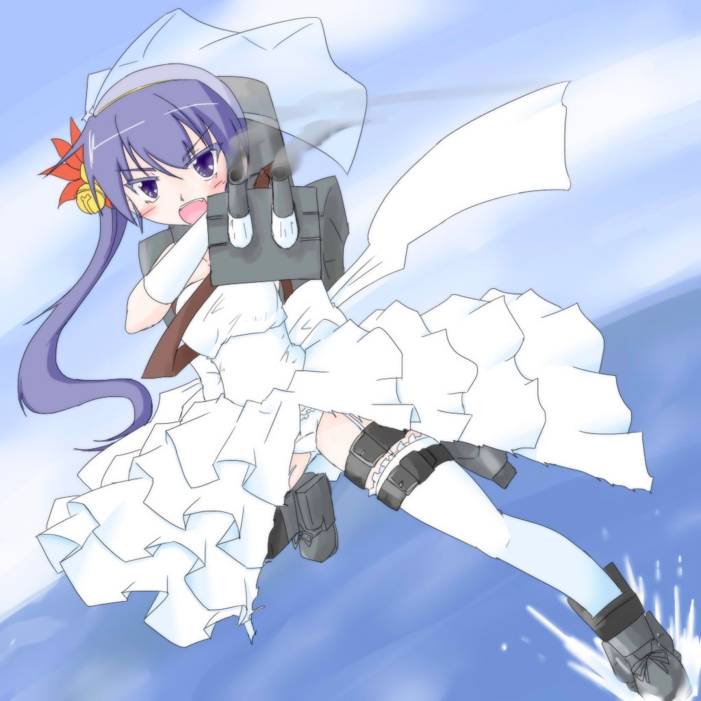 :d aiming_at_viewer akebono_(kantai_collection) angry bell black_legwear blush dress flower haidora_(haidorafdry) hair_bell hair_flower hair_ornament jingle_bell kantai_collection looking_at_viewer open_mouth panties purple_hair see-through side_ponytail smile smoke solo splashing teeth thighhighs underwear v-shaped_eyebrows veil water wedding_dress white_dress white_panties