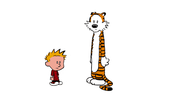blonde_hair bow calvin calvin_and_hobbes dancing duo feline hair hobbes human male mammal plain_background smile stripes tiger white_background young