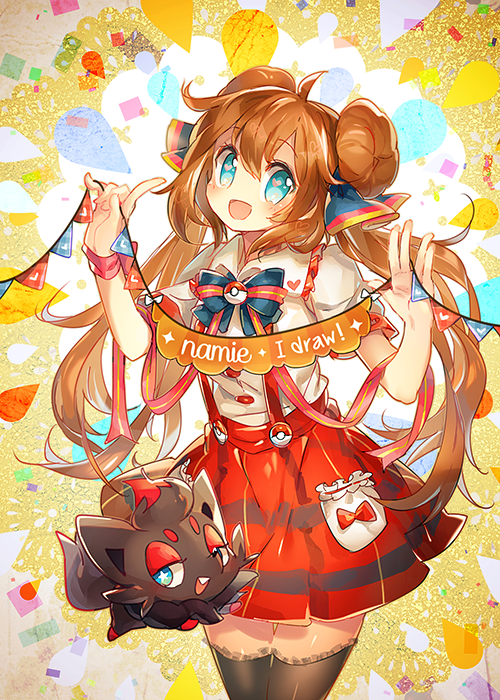 :d bad_id bad_pixiv_id black_legwear blue_eyes blush brown_hair double_bun gen_5_pokemon long_hair mei_(pokemon) namie-kun open_mouth pokemon pokemon_(creature) pokemon_(game) pokemon_bw2 pokewood red_skirt shirt short_sleeves skirt smile suspenders thighhighs twintails white_shirt zettai_ryouiki zorua