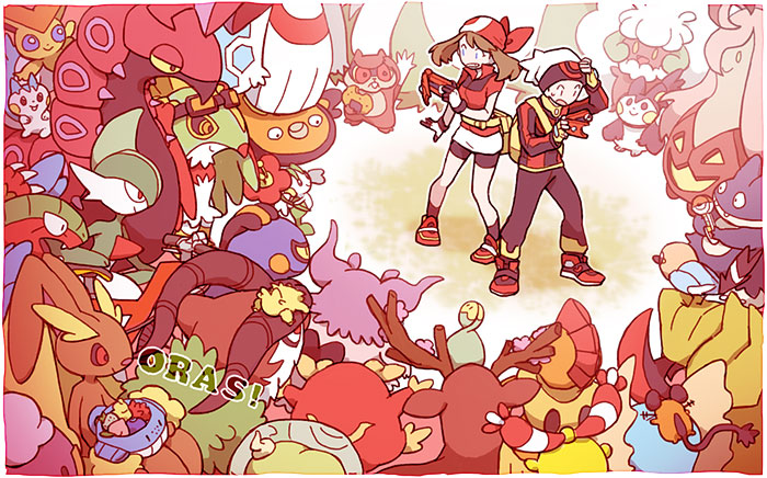 1girl abomasnow amaura archeops aromatisse bandana berries bike_shorts brown_hair budew chingling copyright_name croagunk darumaka dedenne drifloon emolga fingerless_gloves fletchling floette froslass gallade gen_4_pokemon gen_5_pokemon gen_6_pokemon gloves gogoat gourgeist haruka_(pokemon) hat hawlucha haxorus ikra_(katacoly) legendary_pokemon lopunny munchlax pachirisu patrat pokedex pokemon pokemon_(creature) pokemon_(game) pokemon_oras pokemon_rse sawsbuck scolipede scrafty short_hair solosis stunfisk victini whimsicott yuuki_(pokemon)