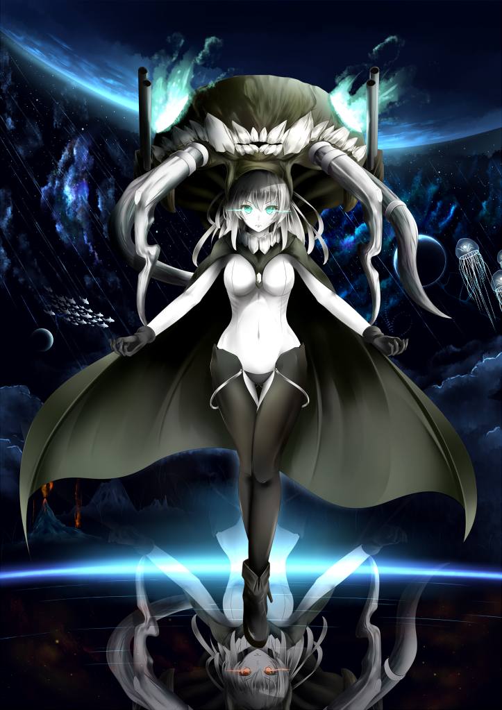 aqua_eyes bodysuit breasts cape gloves glowing glowing_eyes hat jellyfish kantai_collection large_breasts looking_at_viewer lystick pale_skin red_eyes reflection shinkaisei-kan silver_hair solo wo-class_aircraft_carrier