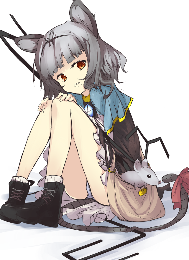 alternate_hairstyle animal_ears bow brown_eyes capelet dowsing_rod dress grey_dress grey_hair hands_on_own_knees looking_at_viewer loxodon mouse mouse_ears mouse_tail nazrin panties pantyshot pantyshot_(sitting) sitting solo tail tail_bow touhou underwear upskirt white_panties