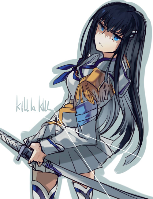 black_hair blue_eyes dress epaulettes junketsu kazutake_hazano kill_la_kill kiryuuin_satsuki long_hair looking_back solo sword weapon