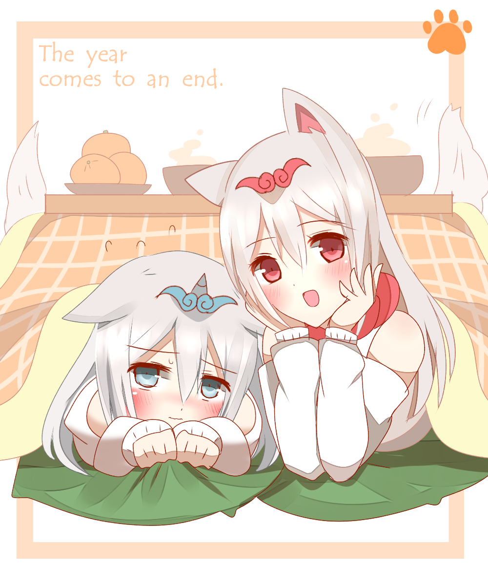 2girls :d animal_ears arm_support bangs bare_shoulders blue_eyes blush bowl chinese_zodiac commentary_request cushion detached_sleeves dog_ears dog_girl dog_tail english_text eyebrows_visible_through_hair food fruit grey_hair hair_between_eyes hands_on_own_face head_tilt highres horn kotatsu long_hair long_sleeves looking_at_viewer lying mandarin_orange multiple_girls non_(wednesday-classic) on_stomach open_mouth original personification pillow pillow_grab red_eyes smile table tail tail_raised under_kotatsu under_table very_long_hair year_of_the_dog zabuton