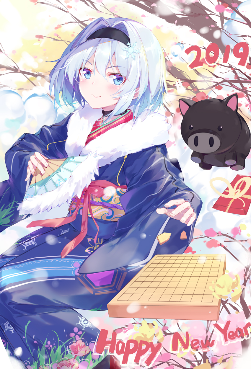 1girl 2019 animal bangs black_hairband blue_eyes blue_kimono blush board_game chinese_zodiac closed_mouth commentary_request eyebrows_visible_through_hair fan fingernails flower folding_fan fur_collar hair_between_eyes hair_ornament hairband happy_new_year highres holding holding_fan japanese_clothes kimono long_sleeves looking_at_viewer new_year pig pink_flower ryuuou_no_oshigoto! shougi shougi_piece silver_hair snowflake_hair_ornament solo sora_ginko tree_branch ttnap wide_sleeves year_of_the_pig