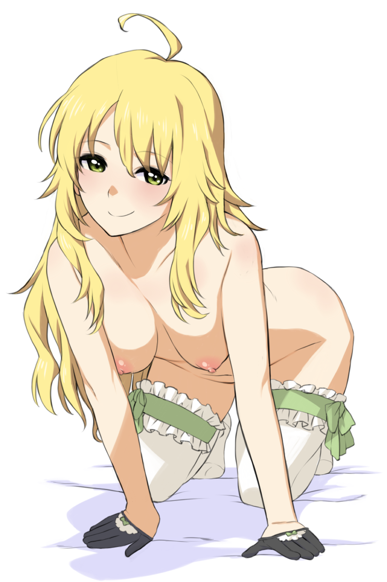 ahoge all_fours bad_id bad_pixiv_id black_gloves blonde_hair blush breasts gloves green_eyes highres hisakawa_riho hoshii_miki idolmaster idolmaster_(classic) large_breasts long_hair looking_at_viewer nipples nude ribbon simple_background smile solo thighhighs white_background white_legwear