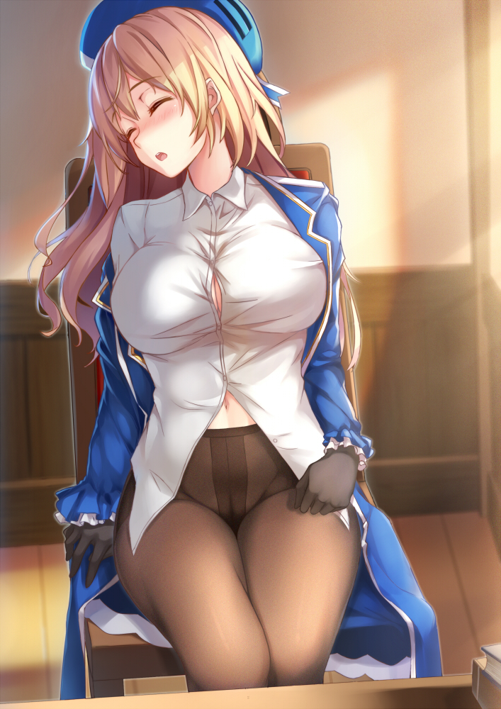 atago_(kantai_collection) black_gloves black_legwear blonde_hair blush breasts chair cleavage closed_eyes crotch_seam dress_shirt gloves hat indoors kantai_collection large_breasts long_hair military military_uniform navel no_panties open_clothes open_mouth pantyhose see-through shirt sitting sleeping sleeping_upright solo thighs uniform wainscoting wooden_floor zi_se