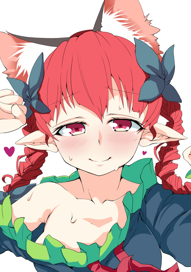 animal_ears bad_id bad_pixiv_id blush bow braid breasts cat_ears extra_ears fangs hair_bow heart heart-shaped_pupils kaenbyou_rin konata_gazel long_hair looking_at_viewer medium_breasts pink_eyes pointy_ears red_hair simple_background smile solo_focus symbol-shaped_pupils touhou twin_braids white_background