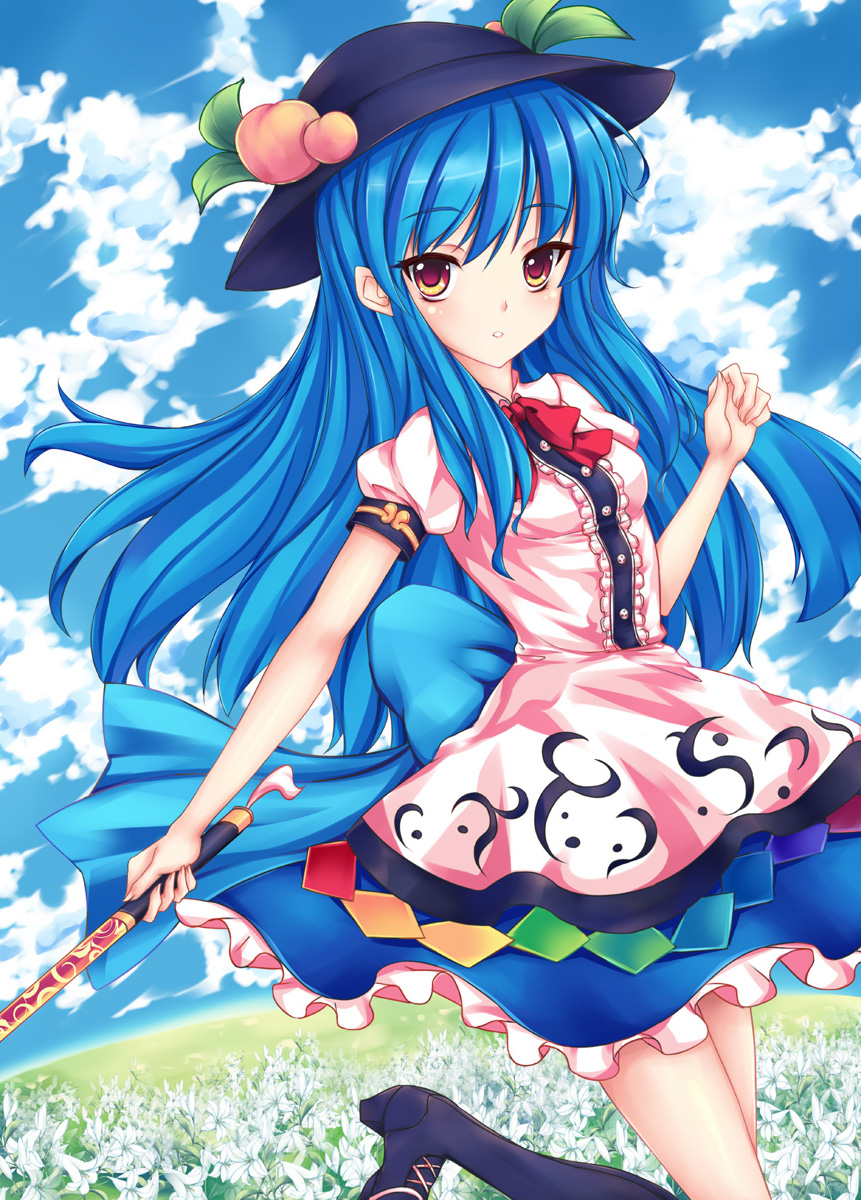 blue_hair blush boots bow dress food fred0092 fruit hat highres hinanawi_tenshi long_hair looking_at_viewer open_mouth peach red_eyes solo sword touhou weapon
