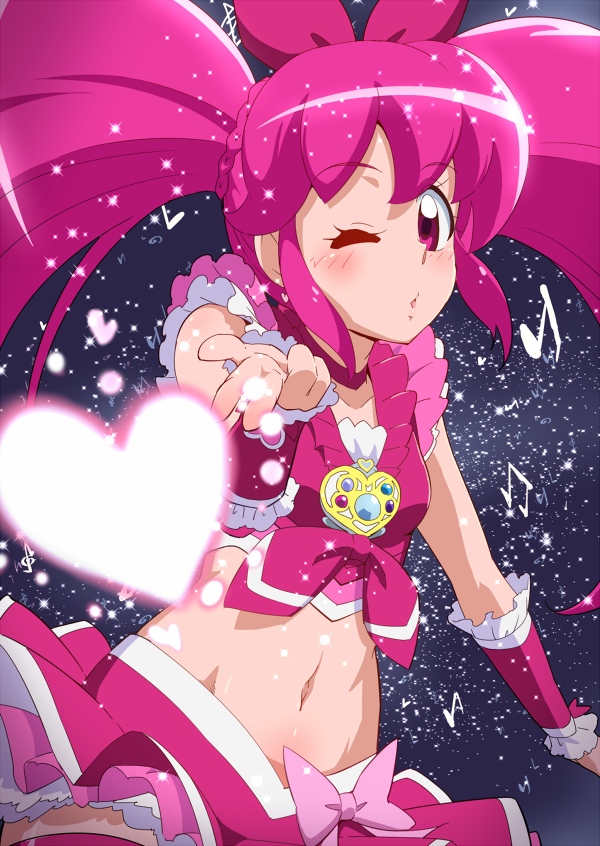 aino_megumi blush bow brooch choker color_connection cosplay cure_lovely cure_melody cure_melody_(cosplay) frills happinesscharge_precure! jewelry long_hair look-alike magical_girl midriff musical_note navel one_eye_closed pink_bow pink_choker pink_eyes pink_hair pink_skirt precure skirt solo suite_precure tj-type1 twintails v wrist_cuffs