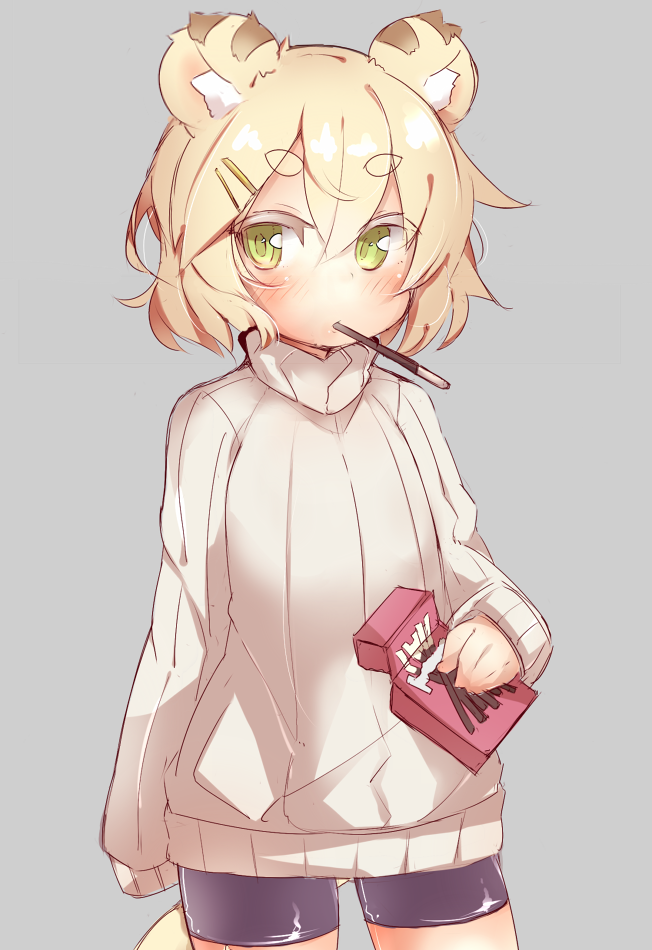 animal_ears bike_shorts blonde_hair eating food green_eyes grey_background looking_at_viewer original pocky short_hair simple_background solo sweater tail tiger_ears tiger_tail tomcat_(moconeko) toramimi-senpai