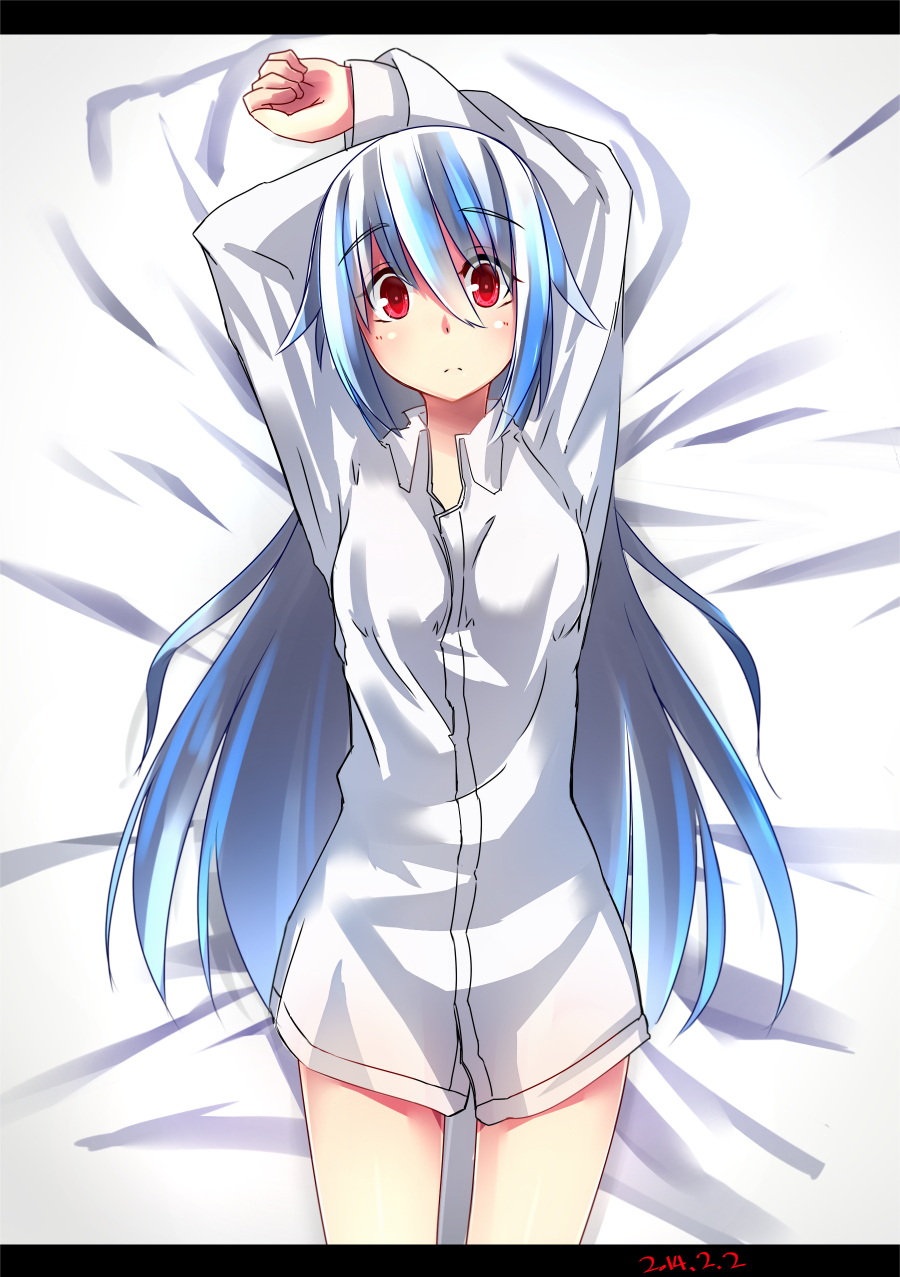 arms_up blue_hair blush bottomless dated dress_shirt from_above highres kamishirasawa_keine letterboxed long_hair looking_at_viewer lying no_pants on_back otokuyou red_eyes shirt solo touhou very_long_hair