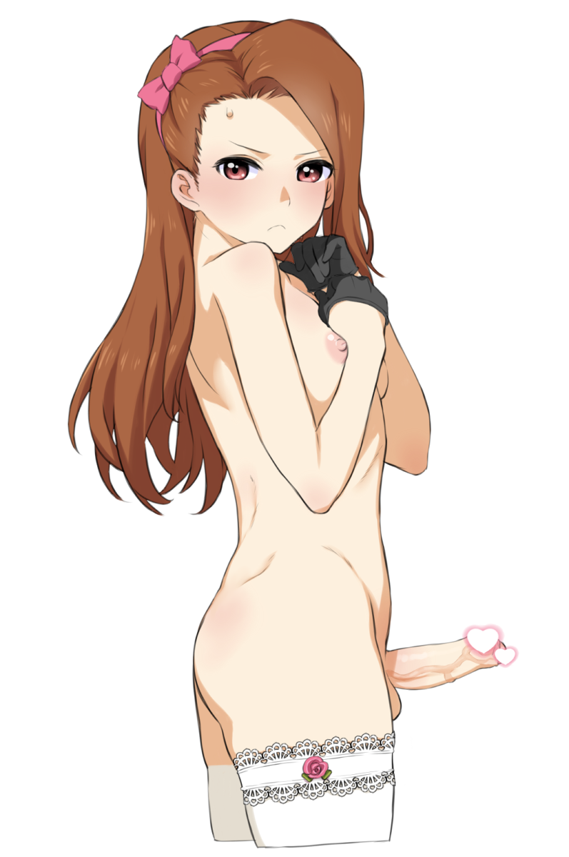 ass black_gloves blush breasts brown_hair censored erection flat_ass foreskin futanari gloves hairband heart heart_censor highres hisakawa_riho idolmaster idolmaster_(classic) long_hair looking_at_viewer md5_mismatch minase_iori nipples penis red_eyes simple_background small_breasts solo testicles thighhighs veins veiny_penis white_background white_legwear