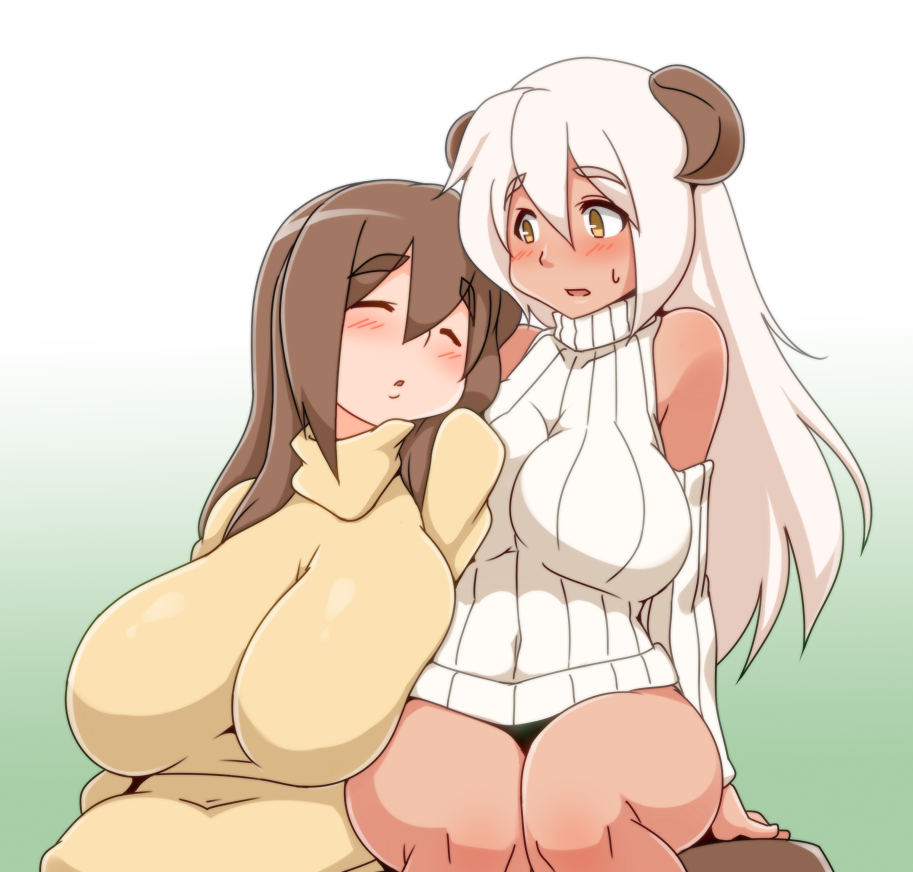 bad_id bad_pixiv_id blush breasts brown_eyes brown_hair chinese_zodiac closed_eyes covered_navel dark_skin eyebrows gradient gradient_background green_background horns huge_breasts impossible_clothes impossible_sweater kaz_(shade) long_hair multiple_girls original ribbed_sweater sheep_horns sleeveless sleeveless_turtleneck sweatdrop sweater thick_eyebrows thighs turtleneck white_hair year_of_the_goat