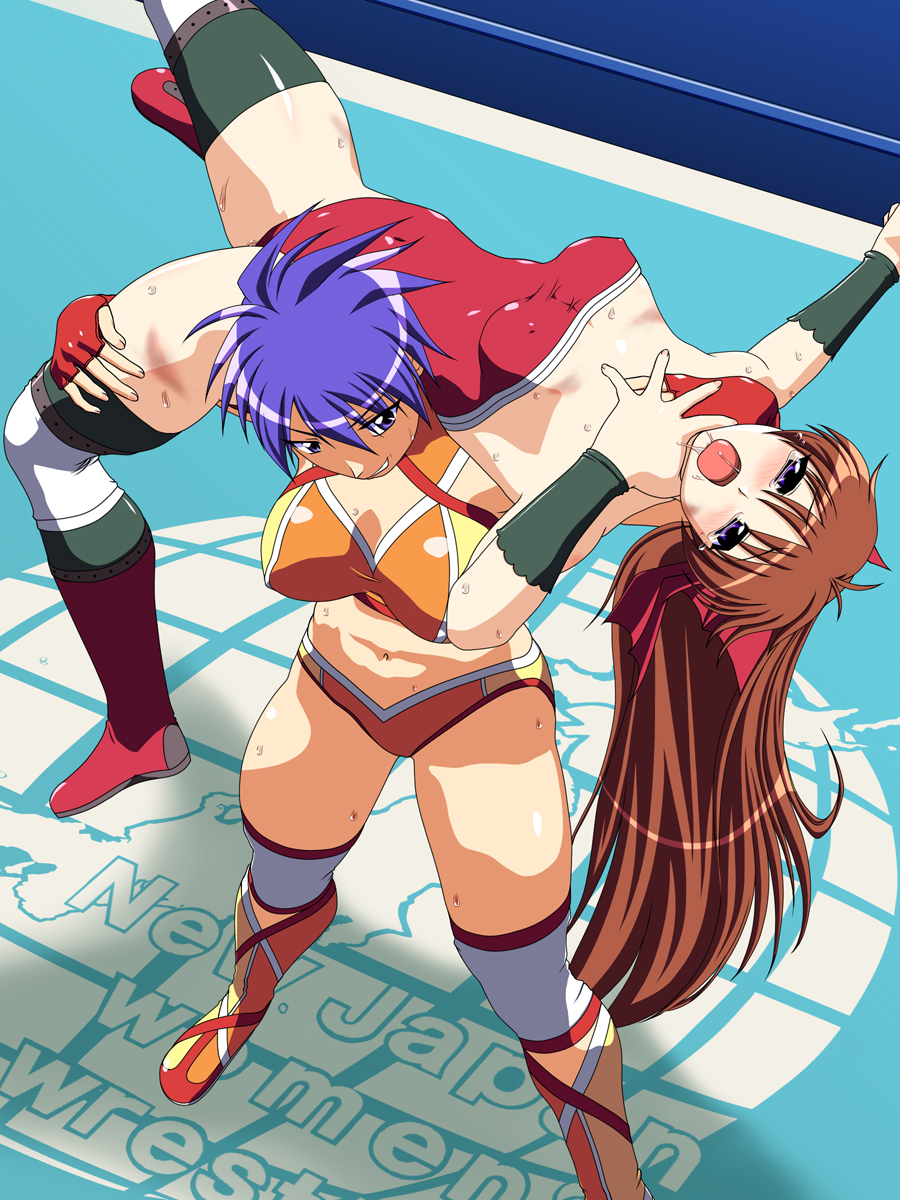 blue_eyes blue_hair bomber_kishima boots bow breasts brown_hair bruise carrying fingerless_gloves fireman's_carry gloves hair_bow highres injury knee_pads large_breasts leotard long_hair multiple_girls mutou_megumi noppo-san open_mouth purple_eyes red_leotard ryona saliva short_hair skin_tight smile sweat thighs very_long_hair wrestle_angels wrestling wrestling_outfit wrestling_ring