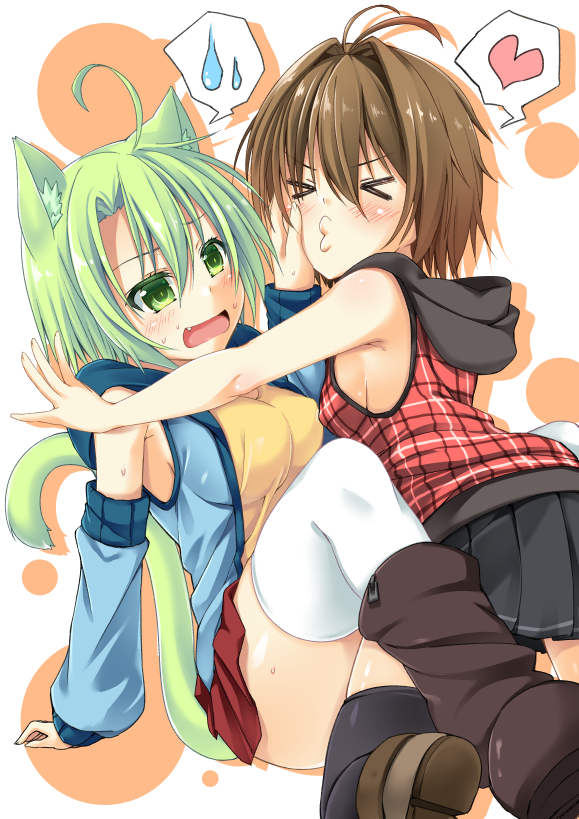 &gt;3&lt; &gt;_&lt; animal_ears blush brown_hair cat_ears cat_tail closed_eyes detached_sleeves dodome-iro_mayonnaise dodome_mayo fang green_eyes green_hair hand_on_another's_cheek hand_on_another's_face heart hood hoodie multiple_girls open_mouth original plaid pleated_skirt pushing_away sharon_(dodomayo) short_hair skirt sleeveless sleeveless_hoodie spoken_heart spoken_sweatdrop sweatdrop tail thighhighs