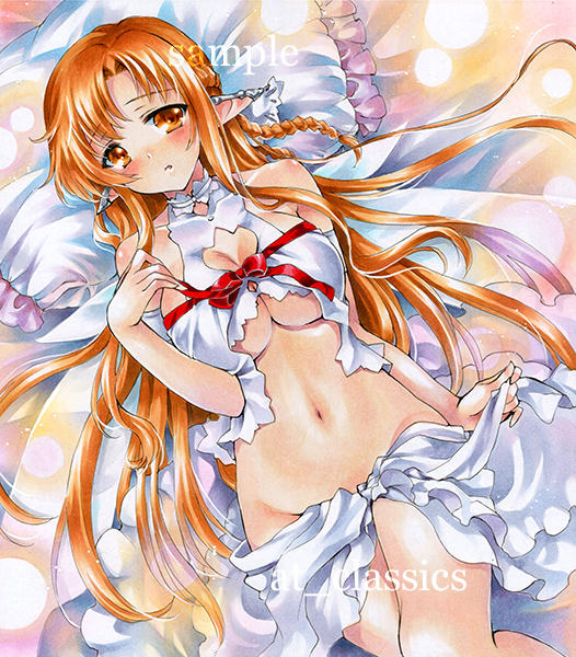 asuna_(sao) at_classics breasts brown_eyes brown_hair ear_covers frilled_pillow frills large_breasts long_hair lying navel pillow pointy_ears sample sword_art_online titania_(sao) traditional_media underboob