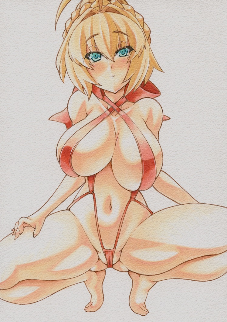 ahoge bikini blonde_hair blush breasts cleavage curvy eyebrows fate/extra fate_(series) green_eyes hair_bun large_breasts marker_(medium) millipen_(medium) navel nero_claudius_(fate) nero_claudius_(fate)_(all) open_mouth red_bikini short_hair simple_background slingshot_swimsuit solo squatting swimsuit thick_thighs thighs traditional_media uneven_eyes white_background yutakasan-love