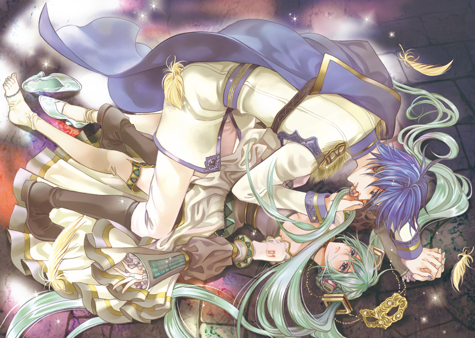 1girl aqua_hair blue_hair boots cape cendrillon_(vocaloid) detached_sleeves dress feathers frills hatsune_miku holding_hands kaito kajiyama-negi long_hair lying mask on_back shoes single_shoe twintails vocaloid