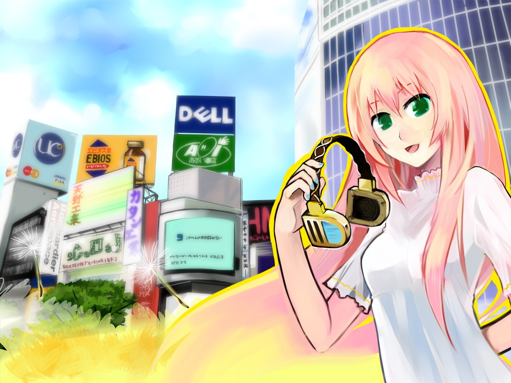 building cityscape dandelion flower green_eyes headphones long_hair megurine_luka nokuromu pink_hair smile solo vocaloid