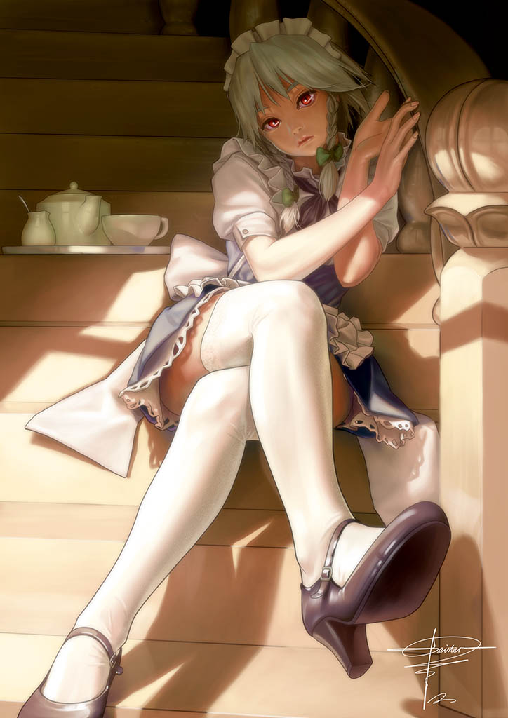 artist_name bow braid closed_mouth creamer_(vessel) crossed_legs cup fingers geister hair_bow hair_ribbon hands high_heels izayoi_sakuya legs lips long_legs maid maid_headdress mary_janes realistic red_eyes ribbon shoes signature sitting sitting_on_stairs solo stairs tea_set teacup teapot thighhighs touhou twin_braids white_legwear zettai_ryouiki